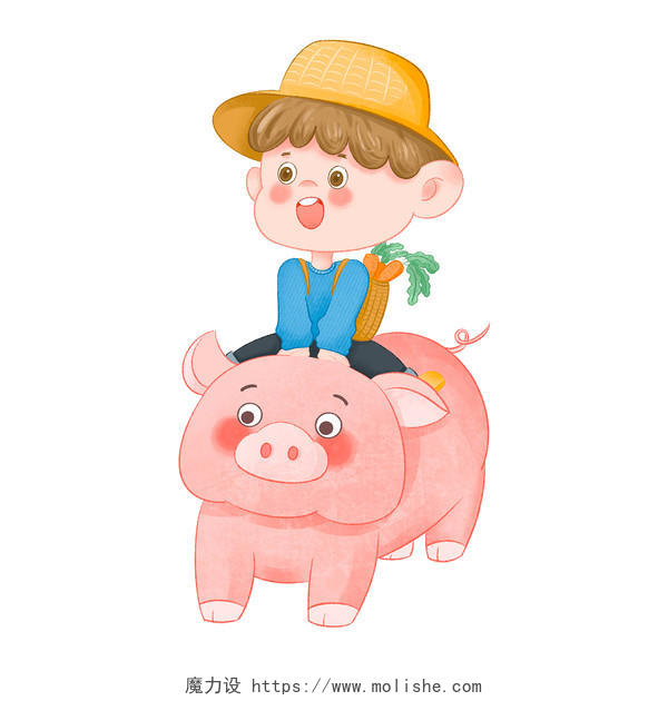 农民儿童孩子与农场动物互动骑猪的小男孩丰收立秋秋天PNG素材